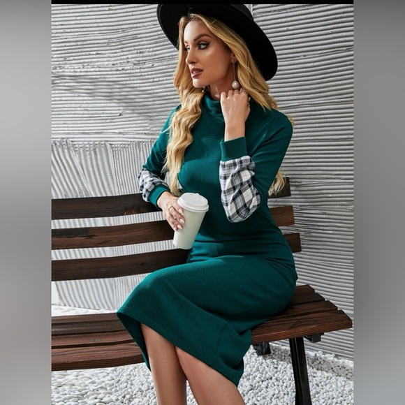 NWOT Plaid Panel Mock Neck Shirt Dress - Picture 3 of 11